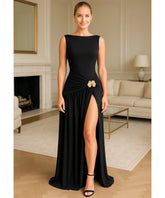 Comprar vestido festa longo elegante preto decote costas drapeado para formatura casamento madrinha barato LADY DRESS